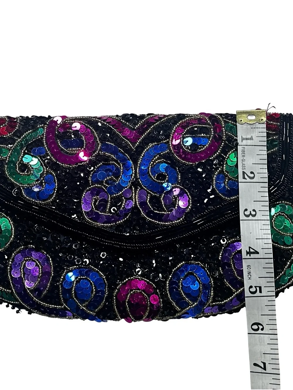 Vtg Multicolor Sequin Hand Beaded Evening Clutch Bag Black Seed Bead Cocktail